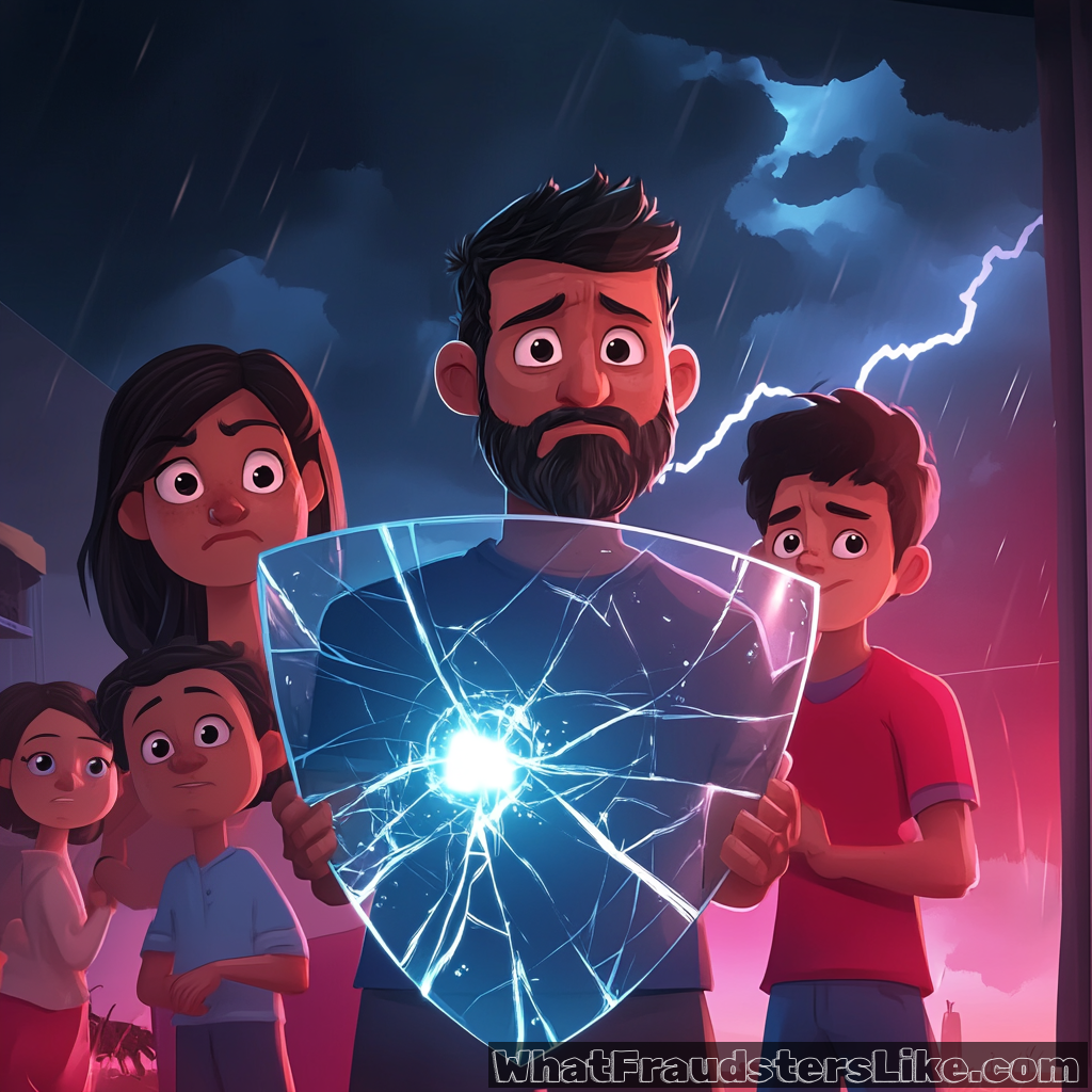 A distraught man with a beard holds a cracked, glowing blue shield while a worried family stands behind him under a stormy, lightning-filled sky.